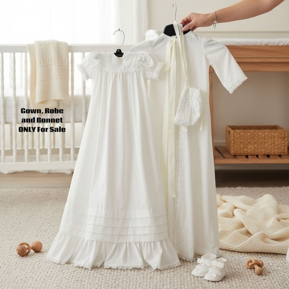 Vintage Heirloom Baby Christening Gown 3pc Set Gown, Robe & Bonnet Pristine